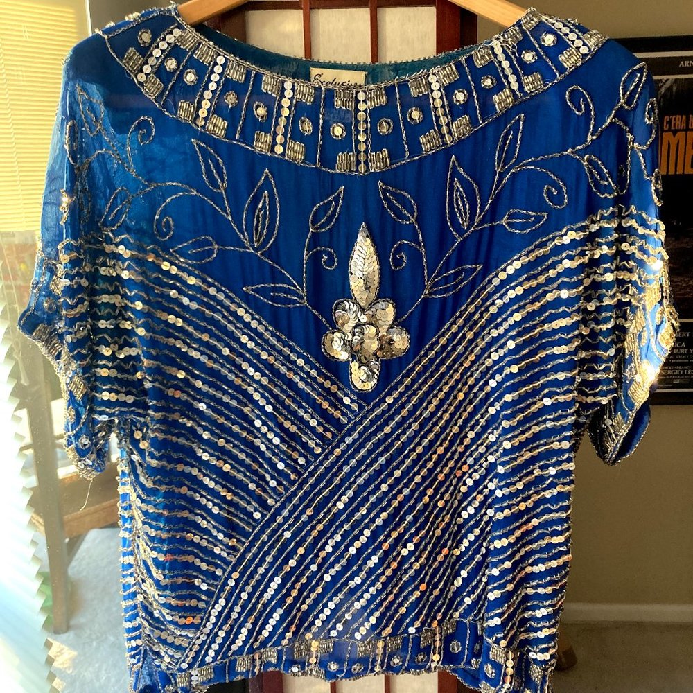 Blue Silver Sequin Sheer Vintage Party Top